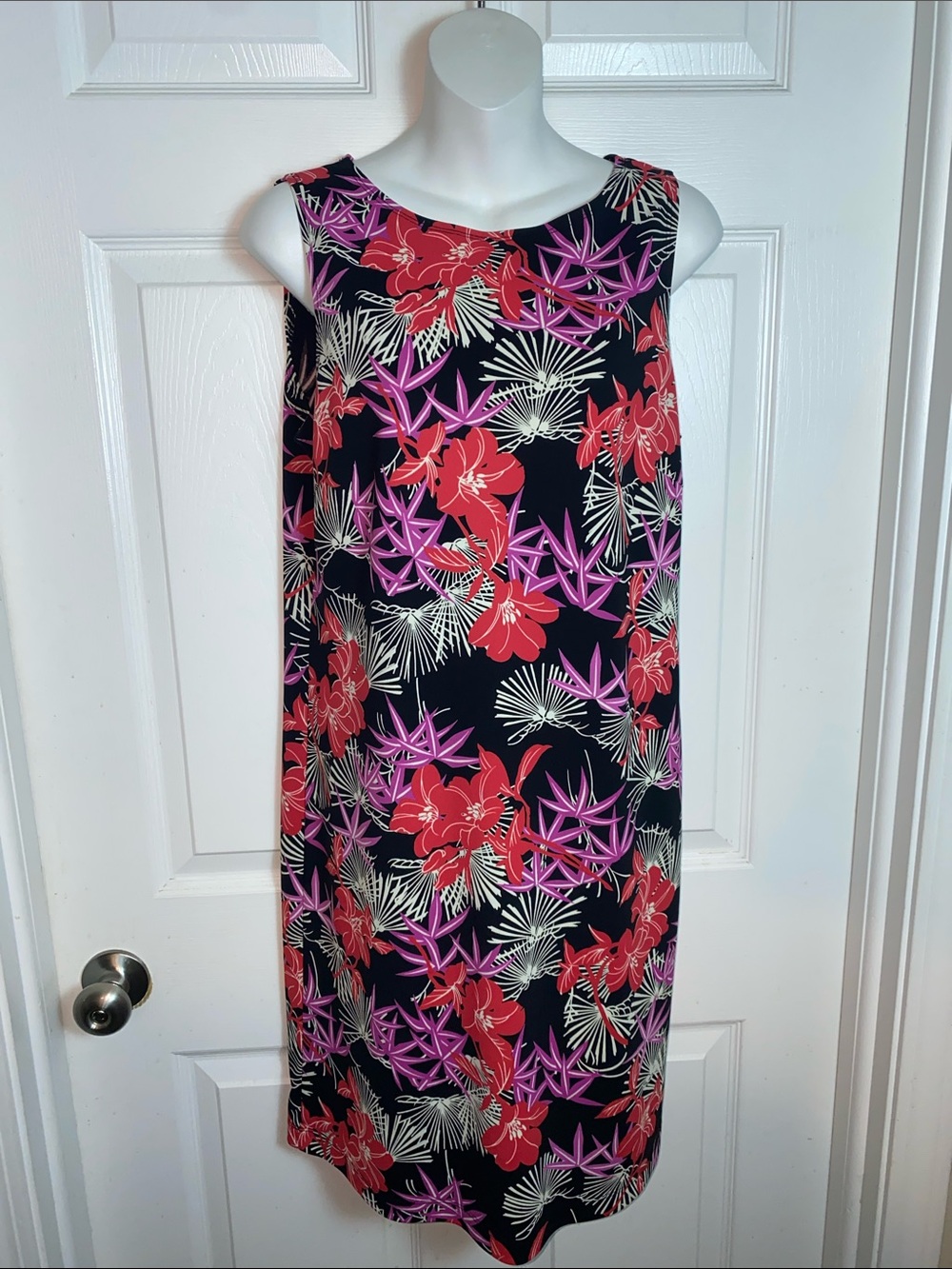 Vintage Casual Corner Dress Black with Red & Pink Floral Print Size Medium